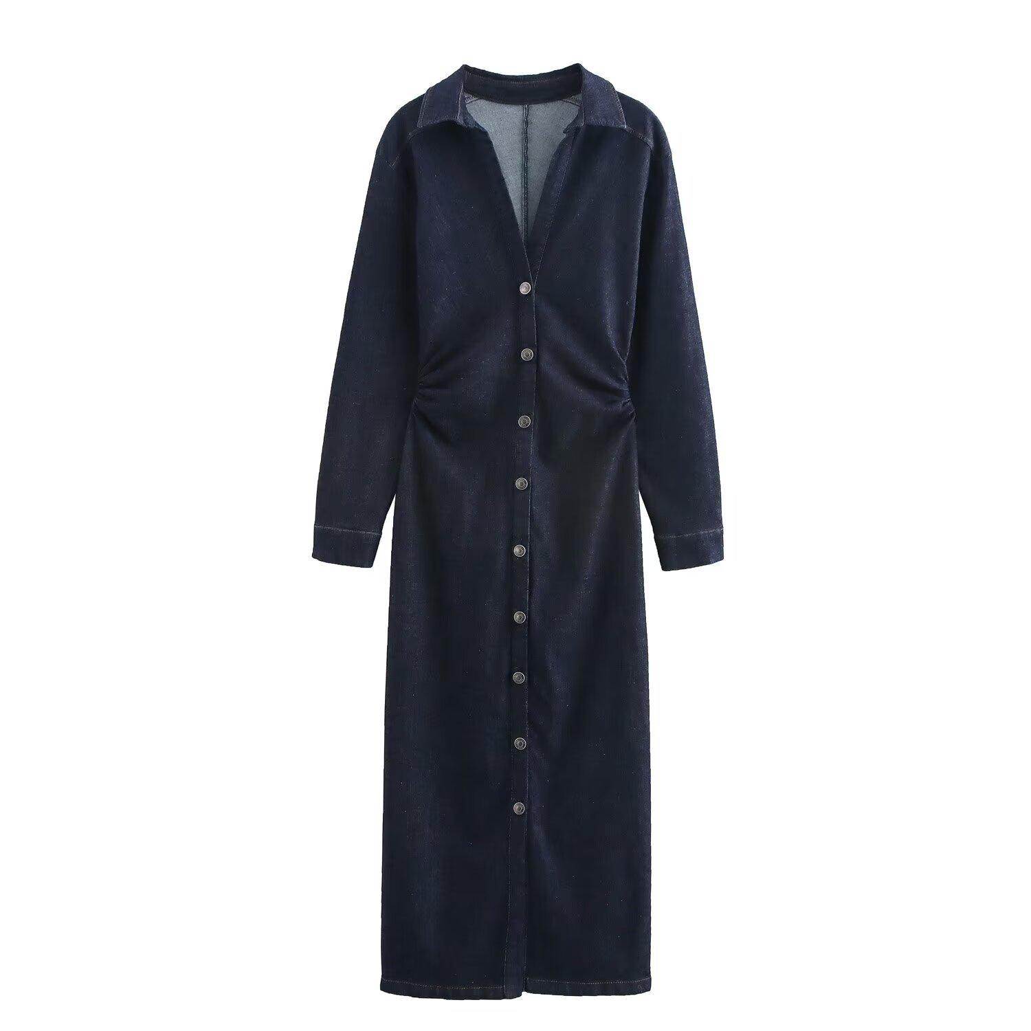 

Spring 2025 Women s Slim Fit Denim Shirt Dress with Turn-Down Collar and Long Sleeves L