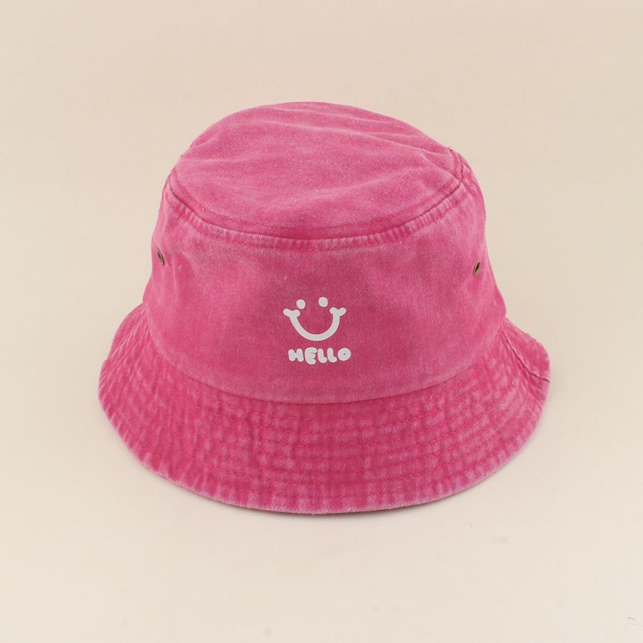

Summer Baby Hat Kids Cartoon Smile Face Hello Letter Bucket Hat For Girls Soild Color Washed Cotton Sun Cap Children 3-7Y Baby Head 50-53cm Яскраво-рожевий