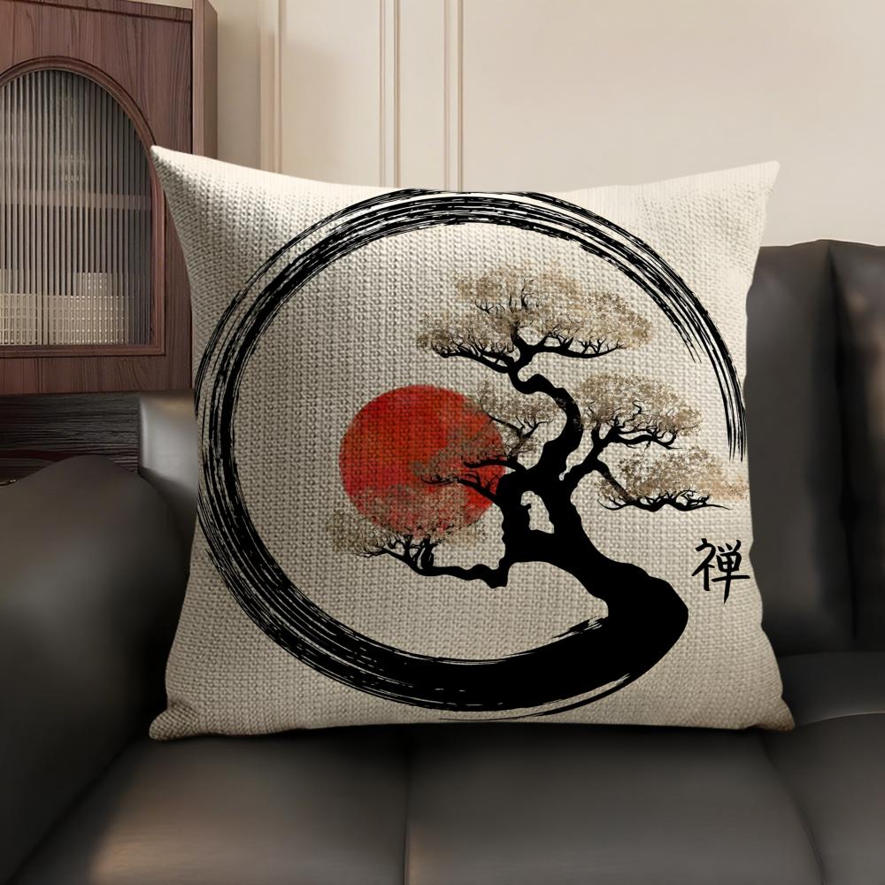 Chinese Ink Painting Style Pillow Case Natural Linen Organic Fabric Double-Sided Printing Sofa Home Decor Gift Cushion Cover