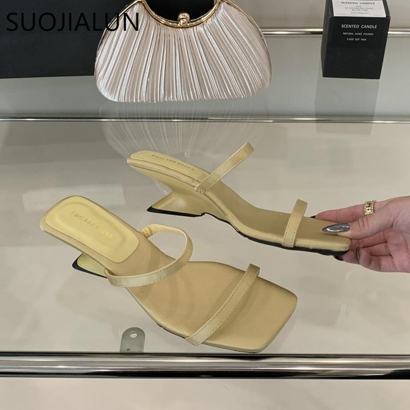 Fashion SUOJIALUN 2025 Summer New Brand Women Slipper Fashion Narrow Band Ladies Elegant Slides Shoes High Wedge Heel Outdoor Dress Sand