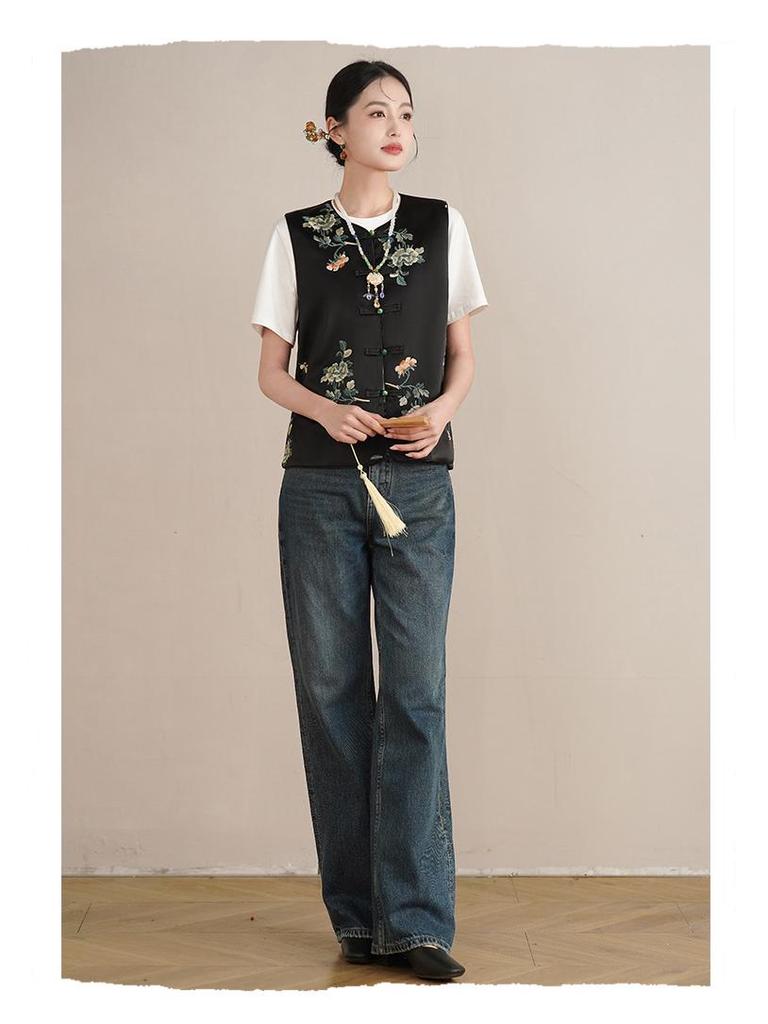 Spring Retro Chinese-Style Hanfu Vest: Women's Satin Embroidered Cardigan with Frog Buttons