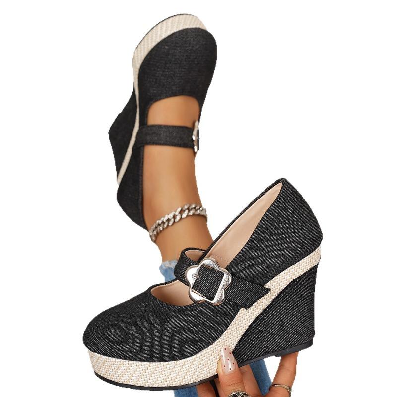 Women's Wide Width Buckle Strap Wedge Flats - Solid Color Slip-On Casual Shoes for Spring/Fall, Low-Cut European Style Pumps