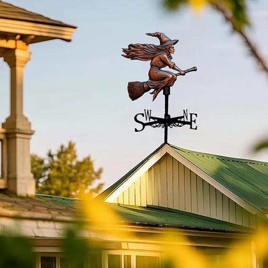 Čarodějnická větrná korouhvička Halloween Létající čarodějnice Větrná korouhvička s držákem na střechu Kovový ukazatel směru pro venkovní dekoraci farmy, dvora, zahrady