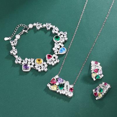 Jewelry Copper Bottom Gold Plating Live Streaming New Color Treasure Zircon Ring Stud Earrings Bracelet Three-piece Set