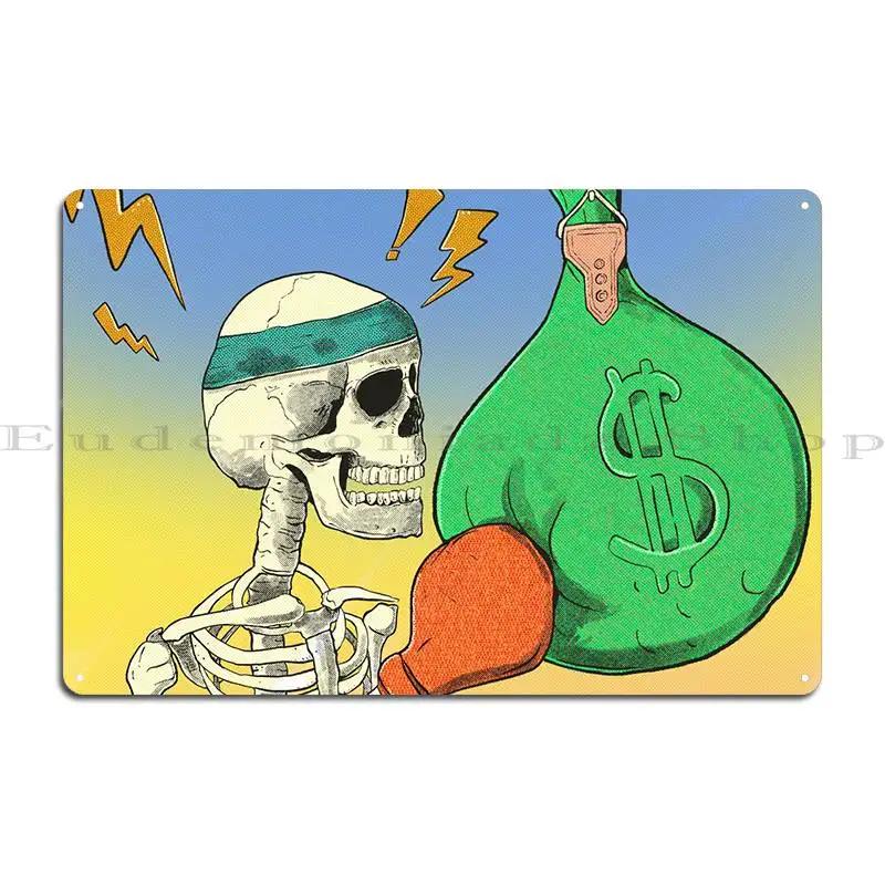 Skeleton Boxing Money Bag Metal Signs Vintage Kitchen Wall Cave Design Cinema Tin Sign Poster 20X30CM