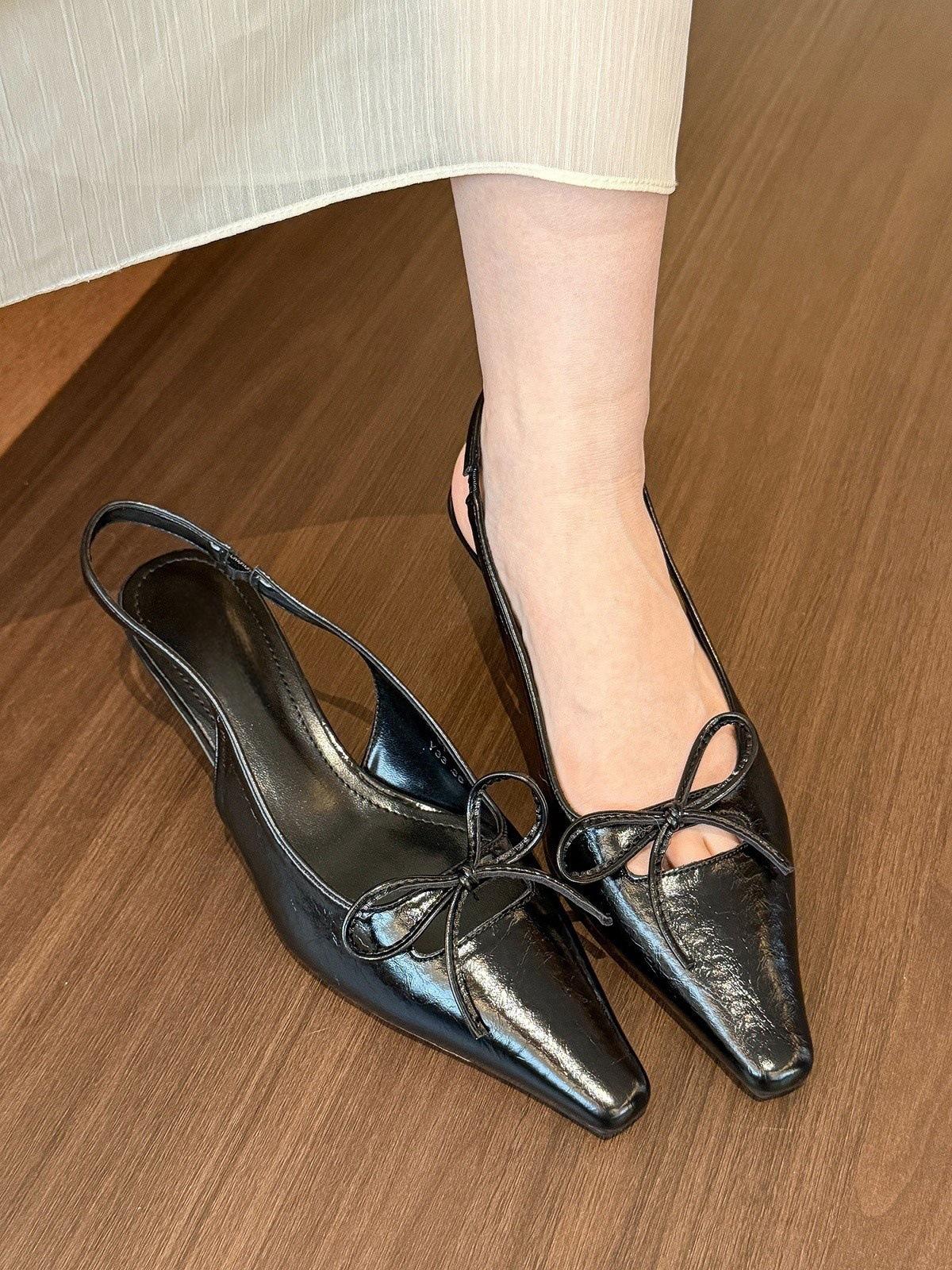 

So gentle! Monet purple square head bow sandals women s spring empty light mouth medium heel single shoes 40 чёрный