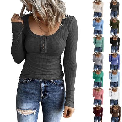 Blusas femininas de manga comprida, camisas casuais com botões, camisetas básicas de malha com nervuras