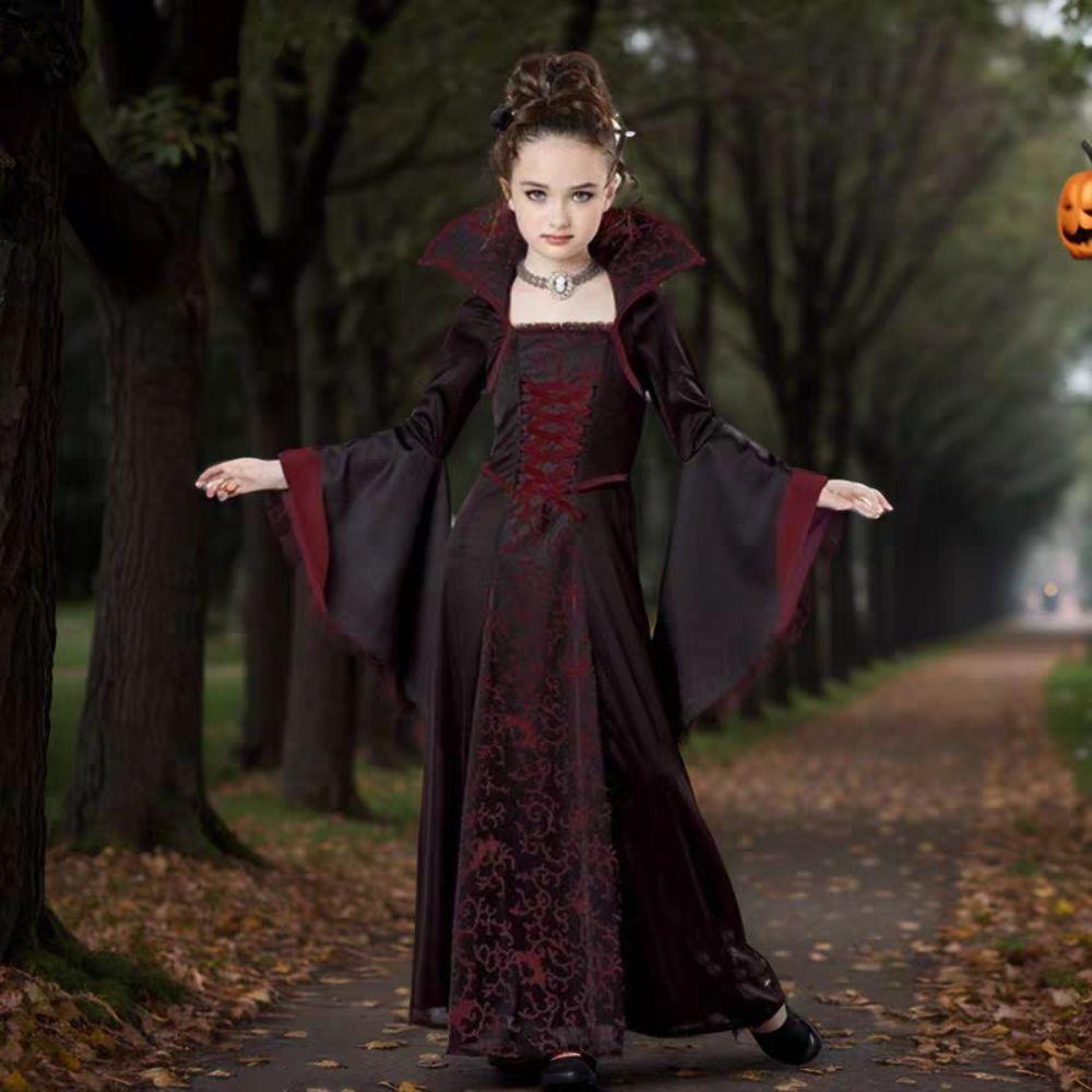 Lace Up Halloween Witch Long Dress Stand Collar Children Medieval Printed Dress  Kids