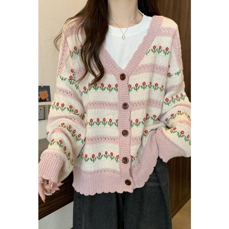 Flower Striped Woman V-neck Sweater Color Blocking Pattern Warm Women's Cardigan Korean Style New Autumn and Winter Top