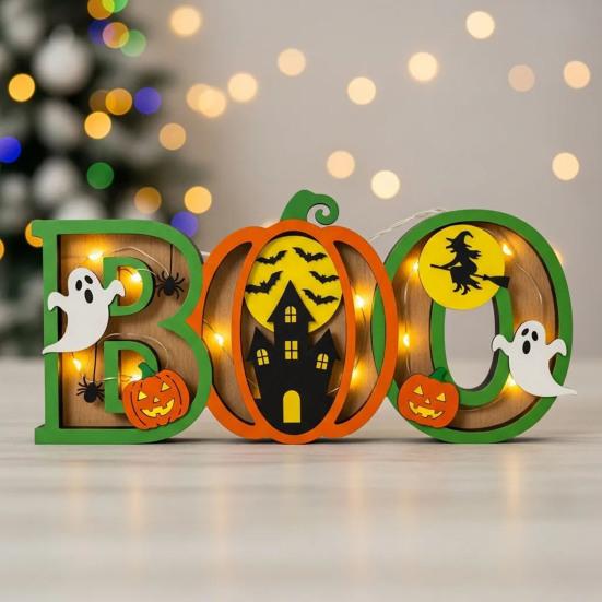 Halloween Night Light Wooden Light-up Boo Ornament Pumpkin Ghost Castle Table Decoration with Lights for Home Mantel Dining Table
