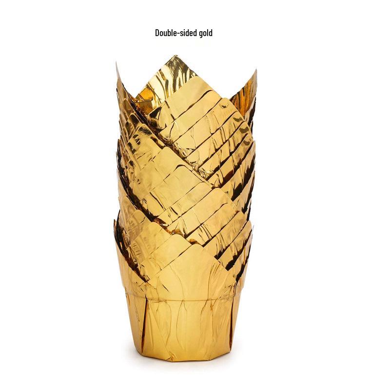 

Gold & Silver Tulip Baking Cups - 100 Pcs, Oil-Proof, Disposable Paper Holders for Cakes & Bread.