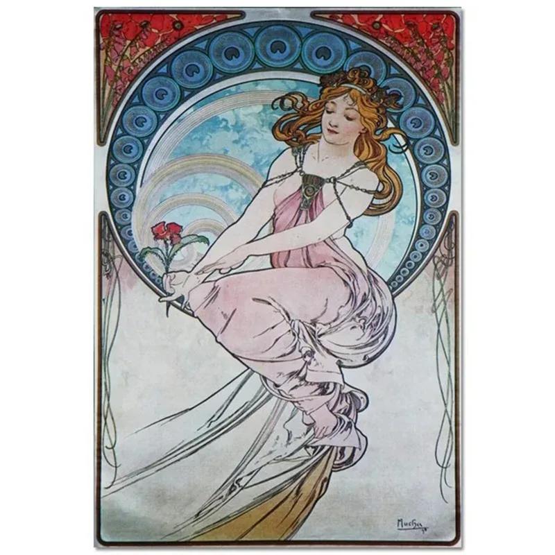 Alphonse Mucha Affisch Pinup-flickor Metallplåtskylt Konst Målning Dekorativa Väggplåtar För Bar Café Vardagsrum Hem Väggdekor