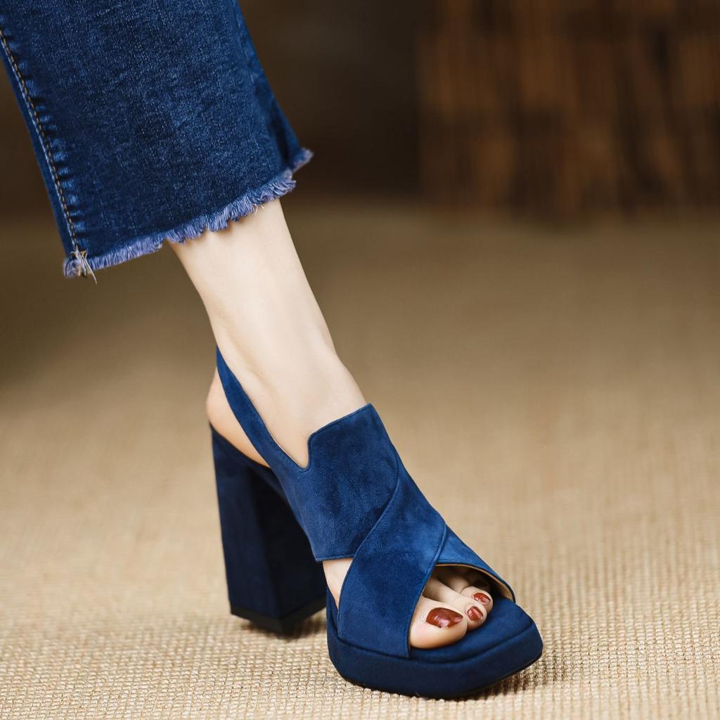 Handmade Women's Shoes Summer 2025 New Waterproof Table High Heel Heightening Matte Leather Sandals Thick Heel Blue Women's Sandals