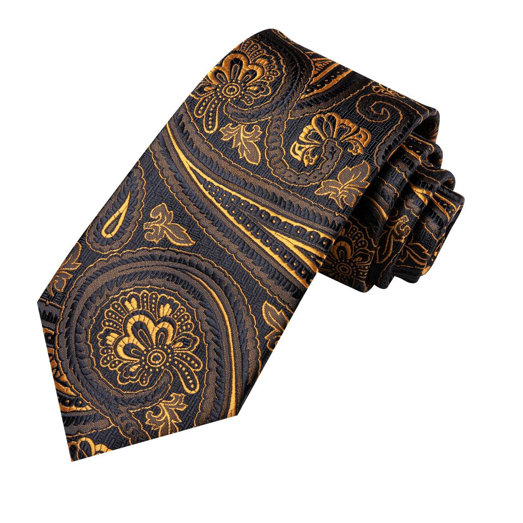 Hi-Tie Dunkelgoldenes Paisleymuster, Jacquard-Krawatte aus Seide für Herren, klassische Krawatte, Manschettenknöpfe, Taschentuch-Set