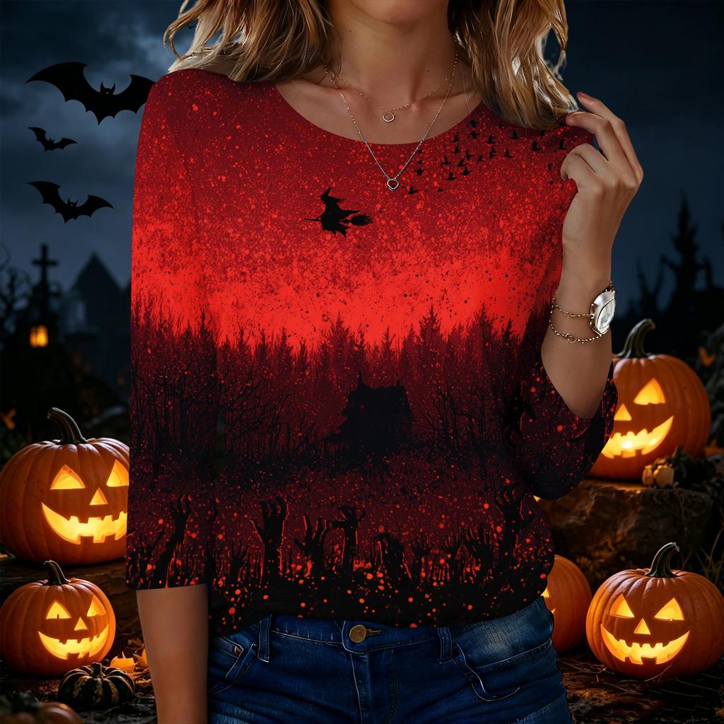 Women's Casual Round Neck Three Quarter Sleeve Halloween Print T Shirt Top Lightweight Comfortable Soft Fabric