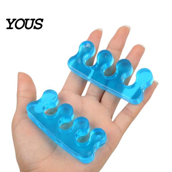 Manicure Toe Separator 1 Pair for Overlapping Toes, 3-Hole Blue Gel Bunion Corrector, Straightener Silicone Soft SEBS Foot Spacer Hallux Valgus, Women