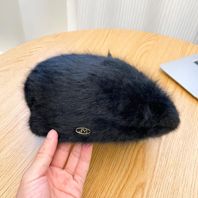 Autumn and Winter Hat Women's Rabbit Fur Beret New Korean Style Versatile Painter Hat Fashionable Warm Simple Literary Newsboy Hat