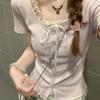 Plain Weave T Shirt With Lace Embroidery For Summer Casuals