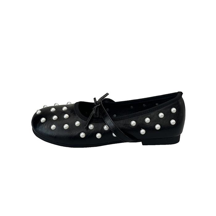 

New French Pearl Round Toe One Strap Mary Jane Shoes Women s Bow Flat Ballet Single Shoes 40 чорний