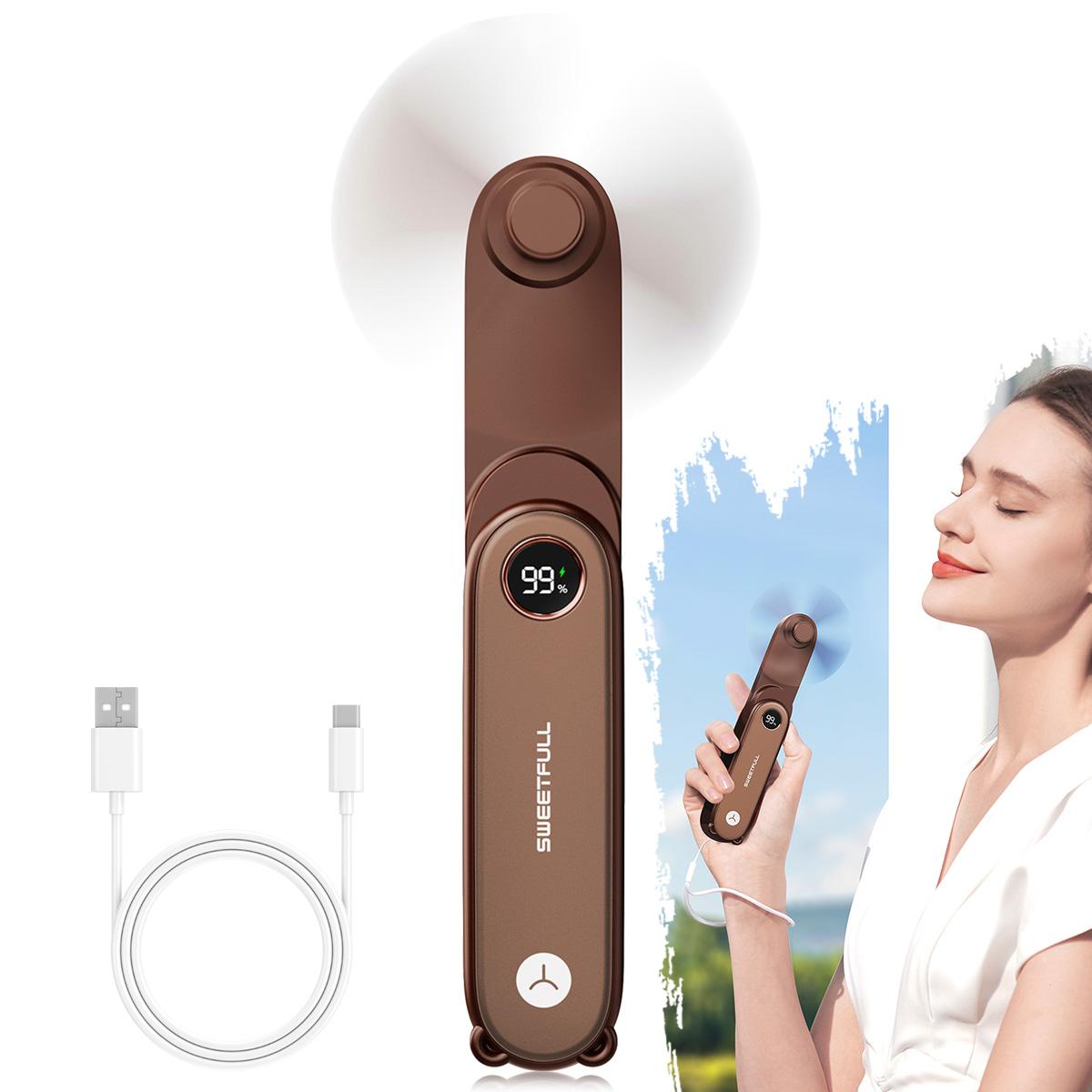 

Brown Mini USB Rechargeable Foldable Outdoor Adjustable Portable Handheld Fan LED Display 1500mAh коричневый