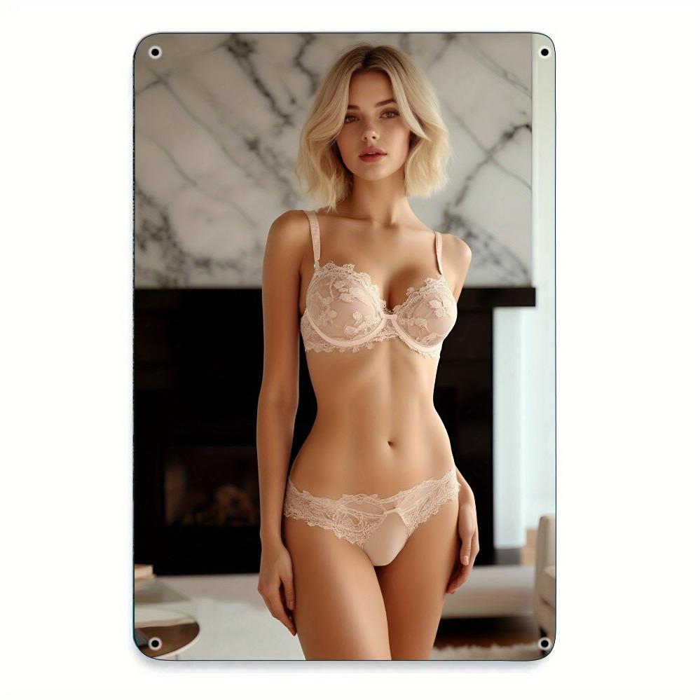 

HD Metal Tin Sign Elegant Blonde Woman in Blush Pink Lace Lingerie Posing in Modern Marble Interior Vintage Wall Art Decor for B 20x30cm（7.8x11.8inch）
