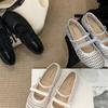 French Silver Mesh Single Shoes 2025 New Hollow Woven Women's Shoes Light Mouth Round Head One-word Buckle Mary Jane Shoes