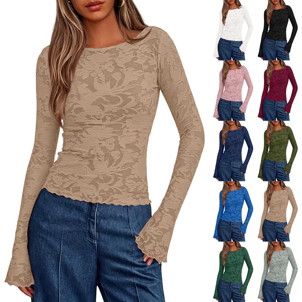 Women's Lace Long Sleeve Top, Slim Fit Round Neck Floral Bell Sleeve Blouse for Layering and Everyday Wear