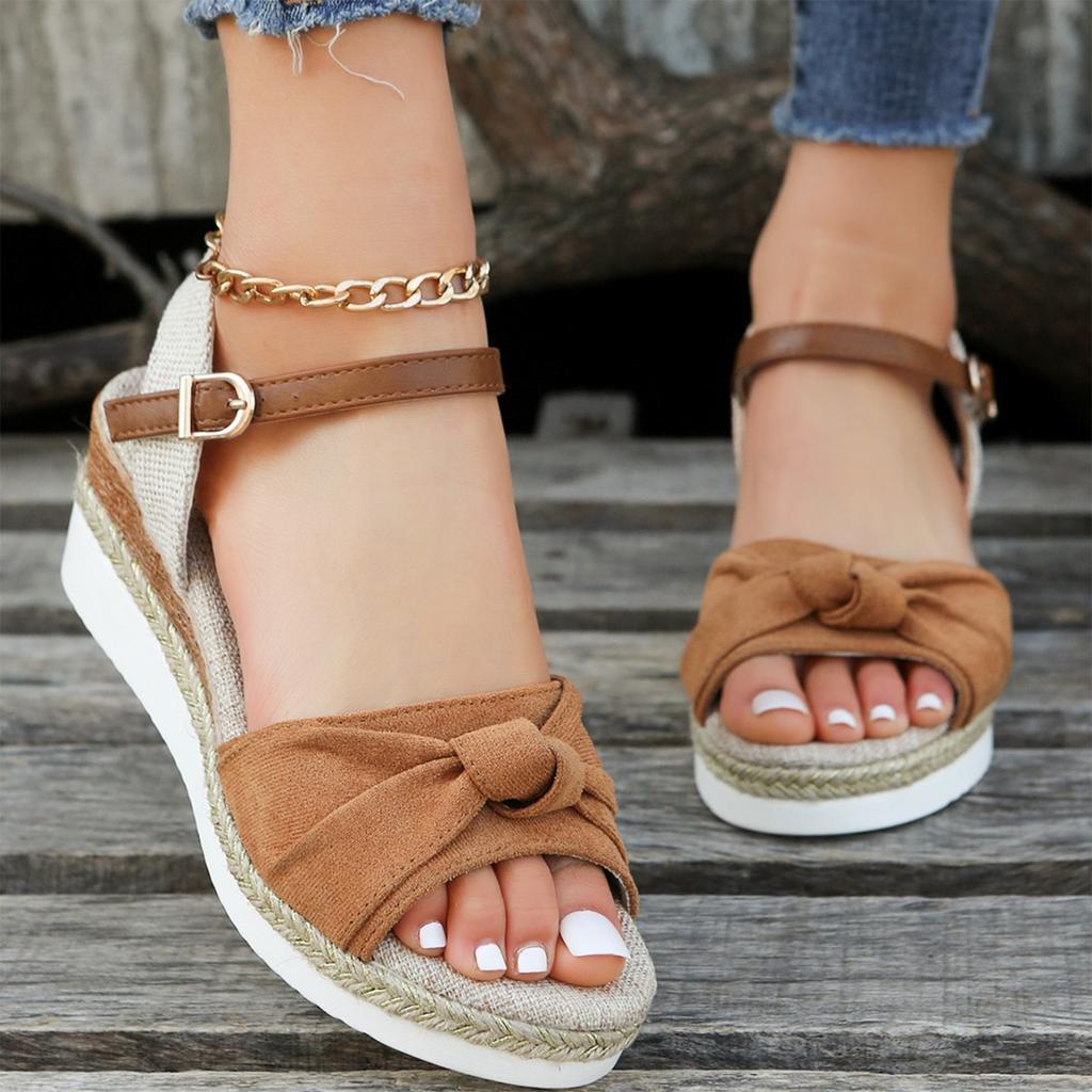 Women Summer Knotted Open Toe Ankle Strap Wedge Sandals Platform Thick Sole Casual Outdoor Shoes