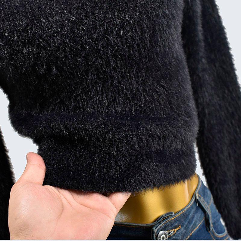 Autumn and Winter V-neck Short Long Sleeve Solid Knitted Faux Mink Velvet Pullover Top Women Clothes High Waist Bottoming Shirt