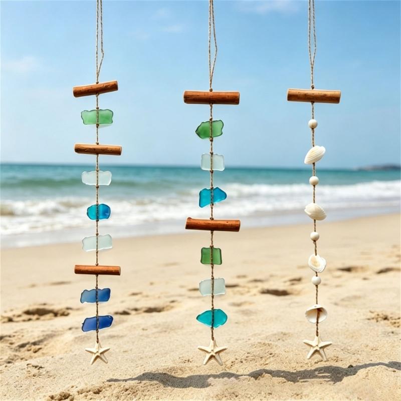 Farmhouses Beach Theme Wind Chimes With Sea Glass Shell And Wooden Accent Coastal Wall Art Hanging Pendants Decors