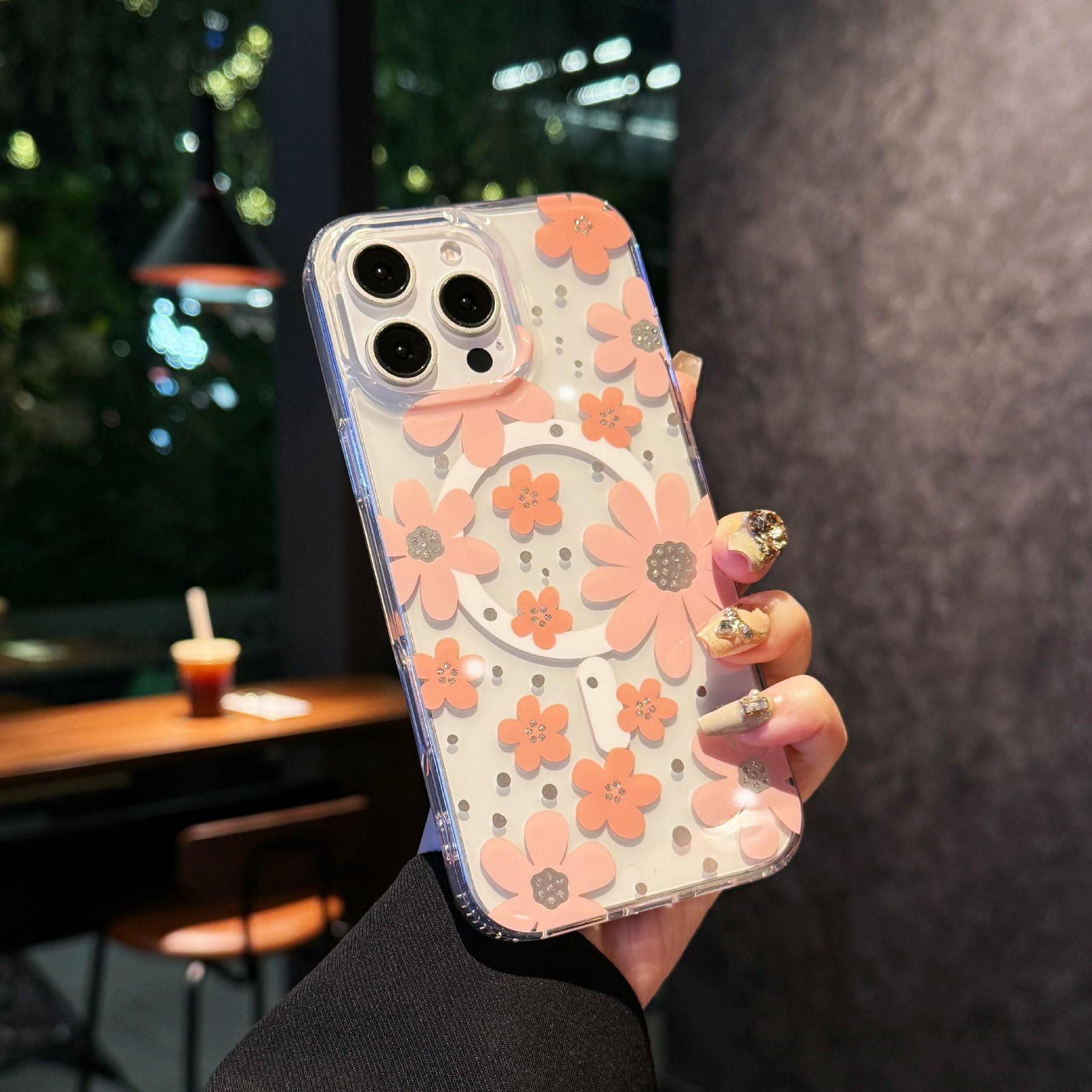 

For iPhone 16 Pro Max Magnetic Case IMD Flower Pattern TPU+PC Clear Back Phone Cover Style A