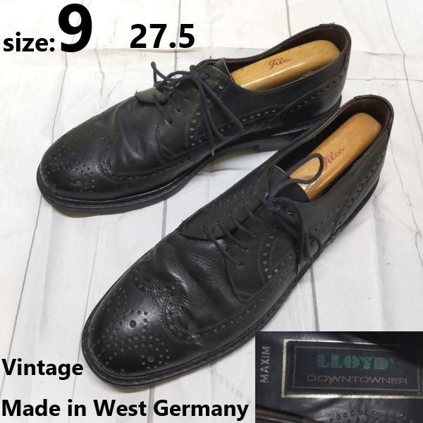 

Lloyd Full Brogue Wingtip Shoes West Germany 70s-80s Vintage Size 9 27.5 Black Heavy Leather Sole