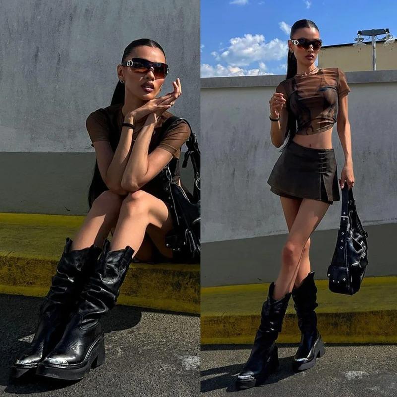 Luxury Brand Motorcycle Women'S Calf Boots Platform Chunky High Heels Goth Metal Punk Shoes For Women Winter Comfy Design Boots