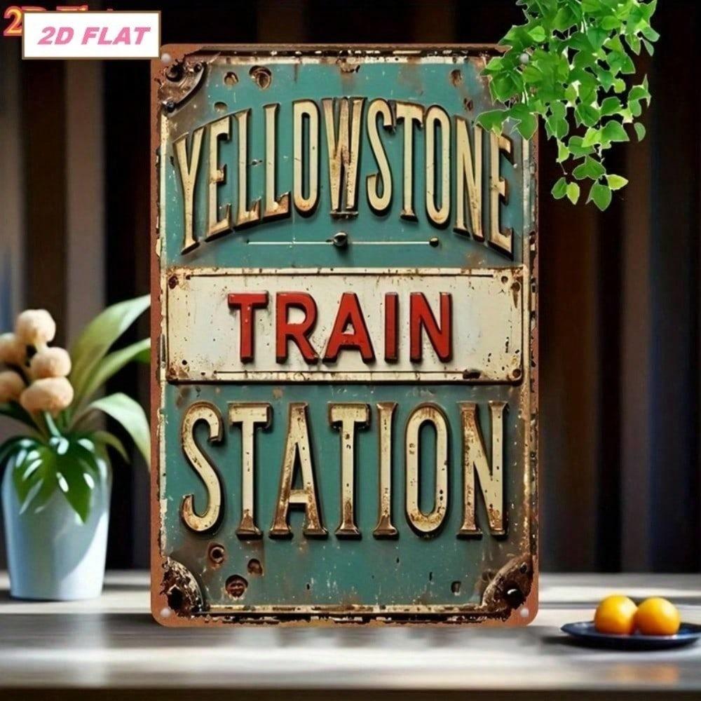 Vintage Yellowstone Train Station Metal Sign 12x8 Inch, Retro Farmhouse Wall Decor for Home Bar Cafe Garden