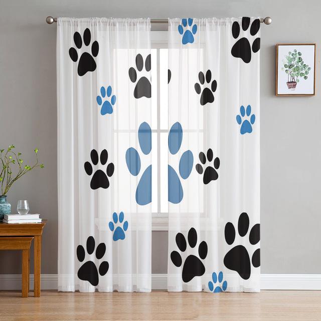 Cartoon Pet Paw Footprint Tulle Curtains For Living Room Bedroom Decoration Chiffon Sheer Voile Kitchen Window Curtain Drapes
