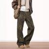 Unisex Vintage Leopard Print Straight Fit Denim Jeans Loose Hip Hop Streetwear Pants Youth