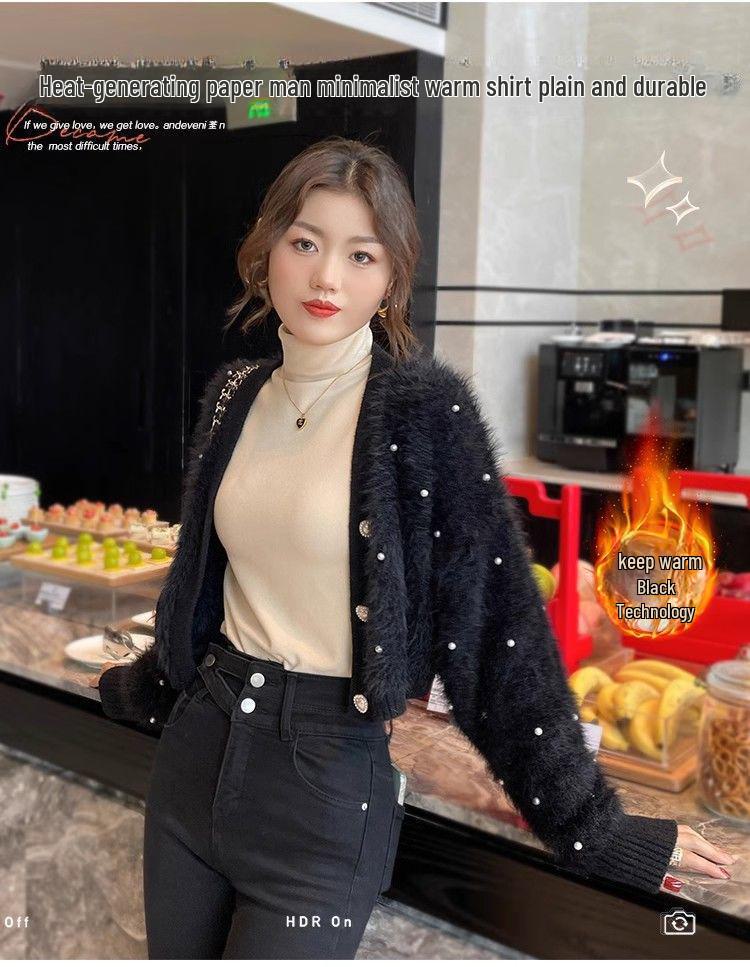 Women's Autumn/Winter 2024 Thick Velvet Half-High Collar Slim Fit Long-Sleeve Top