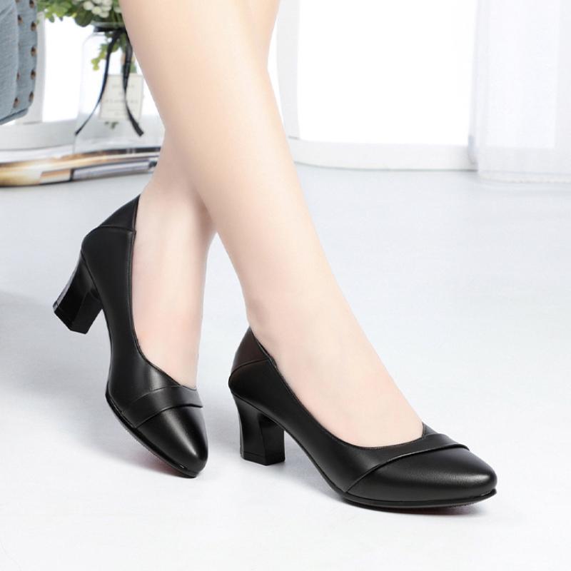 Jarní a podzimní dámské boty s měkkou podrážkou a středním podpatkem, kožené boty, dámské pracovní boty, pohodlné a protiskluzové