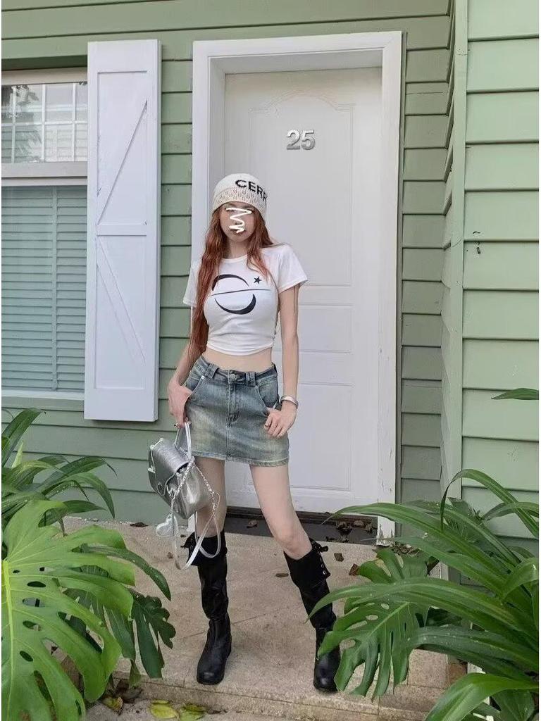 2025 Summer Women's High Waist Distressed Denim A-Line Skirt