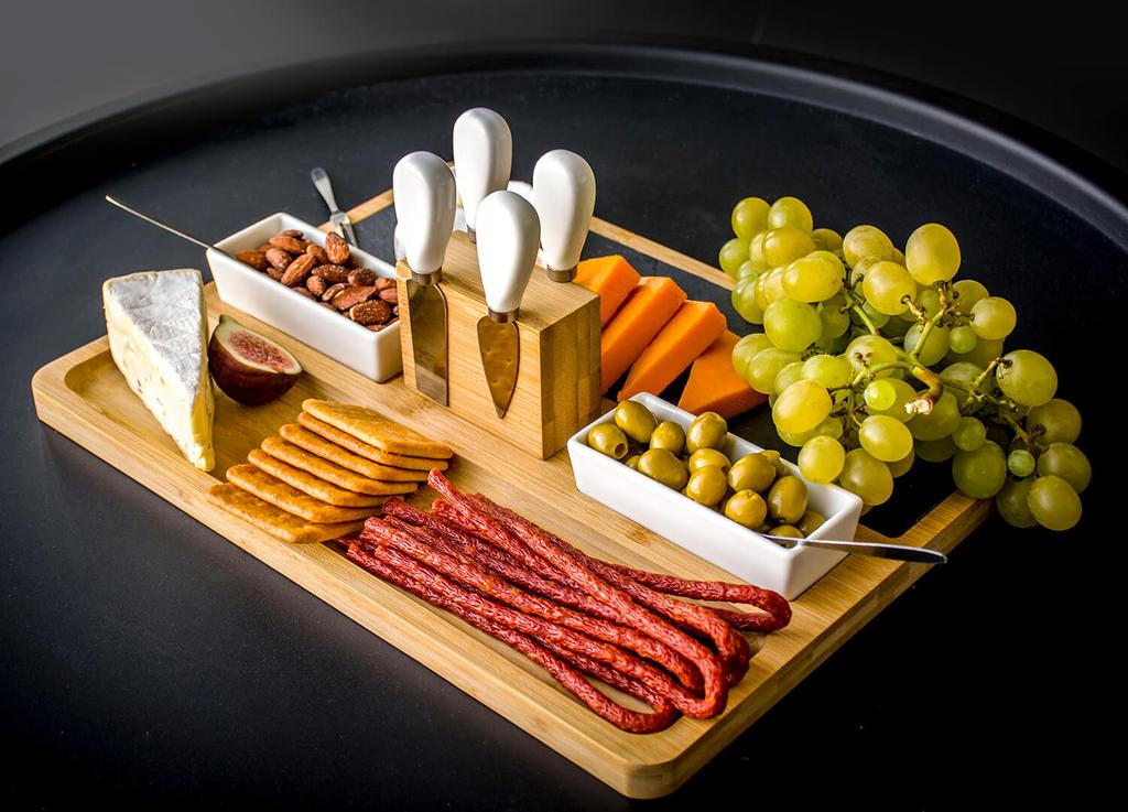 Bamboo Board for Cold Cuts, Cheeses and Snacks + Set of Knives and Forks As a Gift