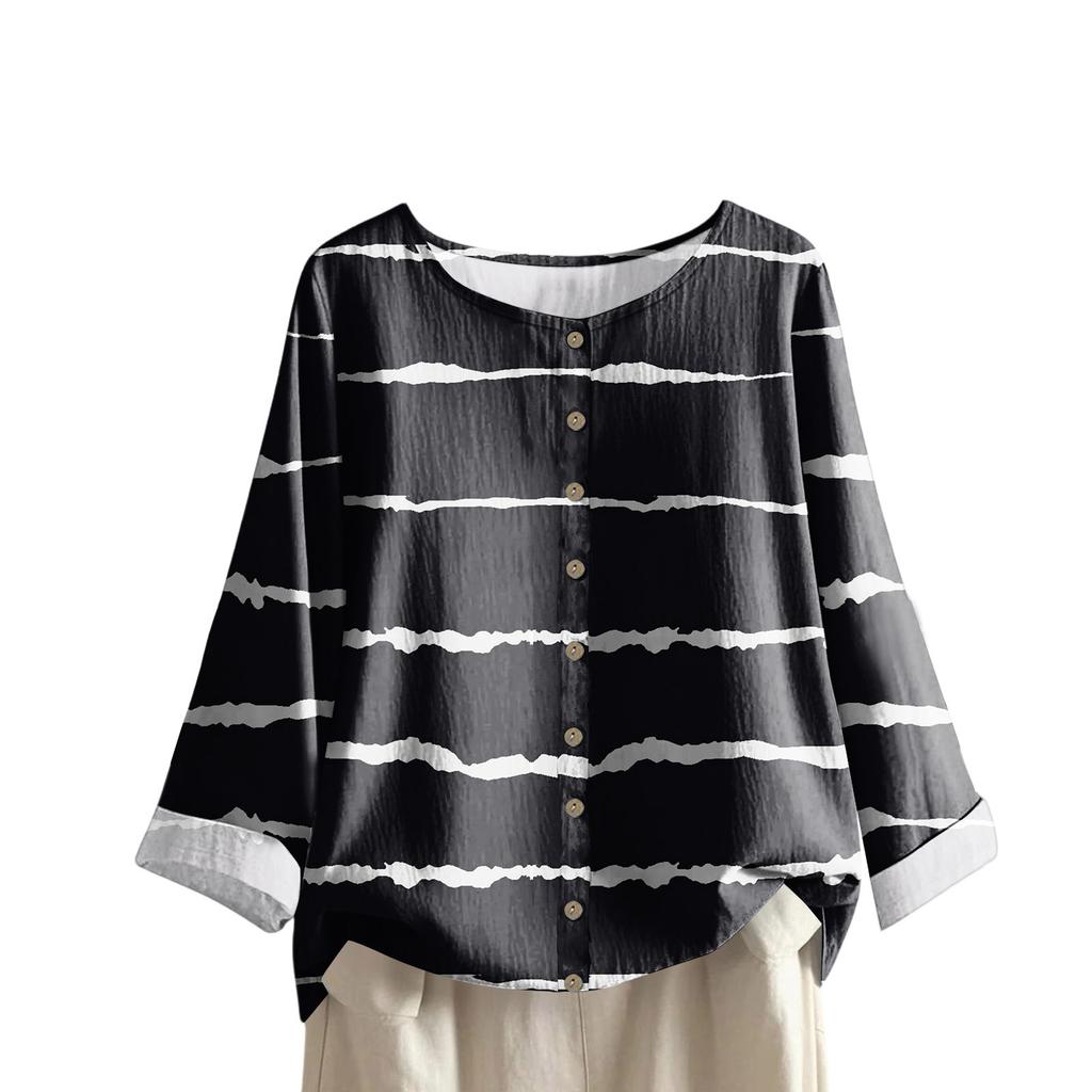 Damen Lässig Langärmlig Rundhals Retro Gestreift Geometrischer Druck Baumwolle Und Leinen Oberteil
