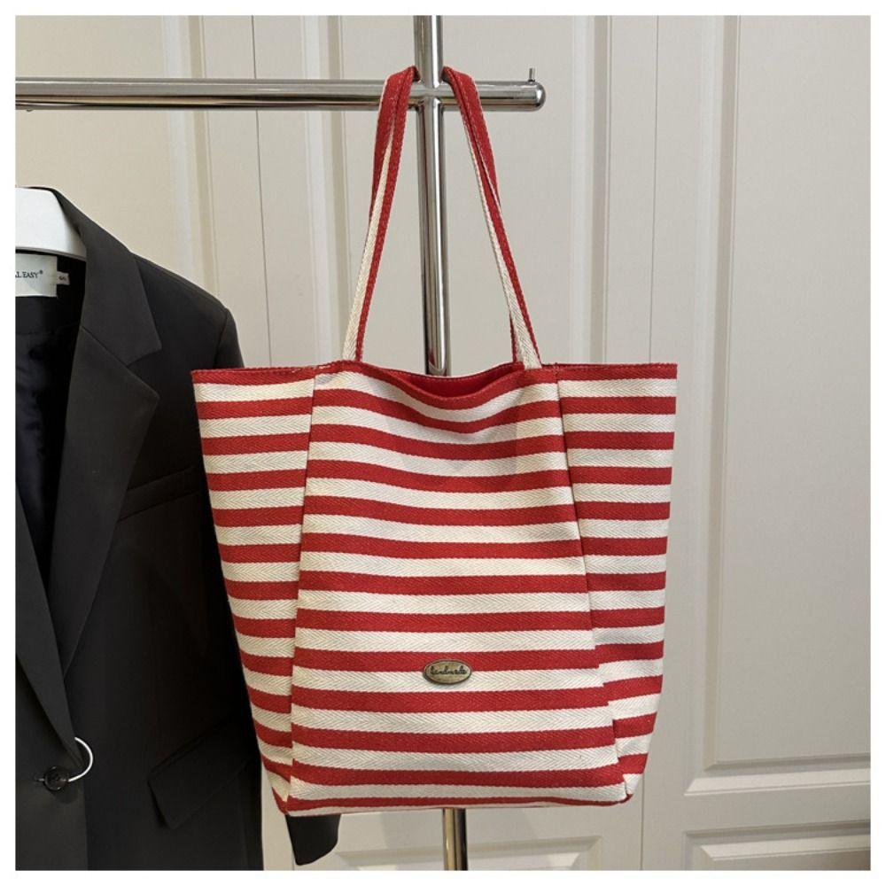 Letter Stripe Canvas Bag Striped Tote Bag Simple Cloth Shoulder Bag  Girls