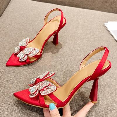 Fashion Sexy Crystal Butterfly-knot Design Sandals Women Summer Pointed Toe High Heels Fashion Wedding Shoe Open-toe Elegant Women Shoes