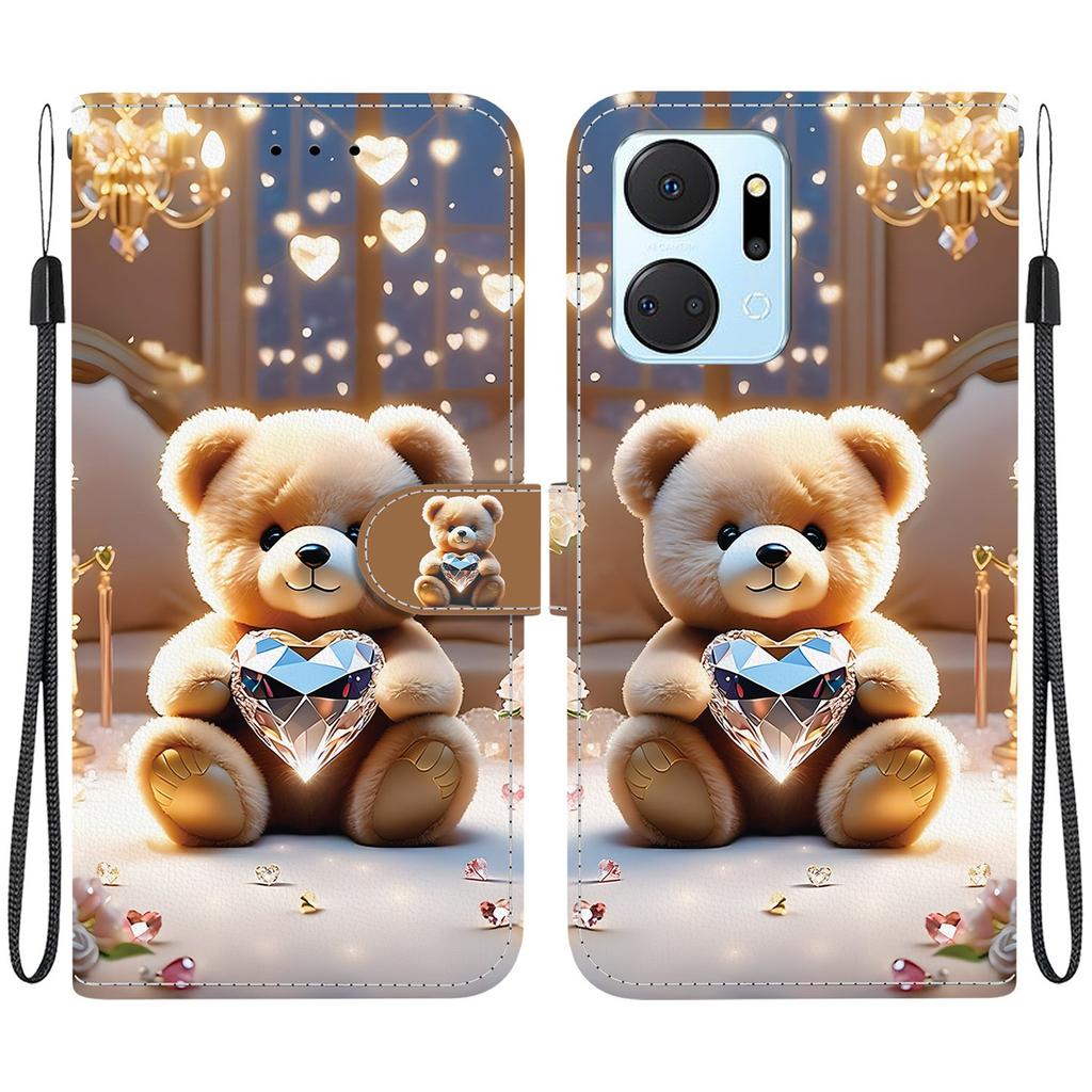Handmade PU Leather Flip Case for Honor X7a Anti-Slip Shockproof Cover with Wrist Strap & Heart/Rose Cat Designs