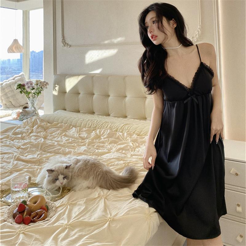 Spring and Summer New Women's Ice Silk Single Suspender Nightdress Loose French Court Style Sexy Backless Solid Color Oversize