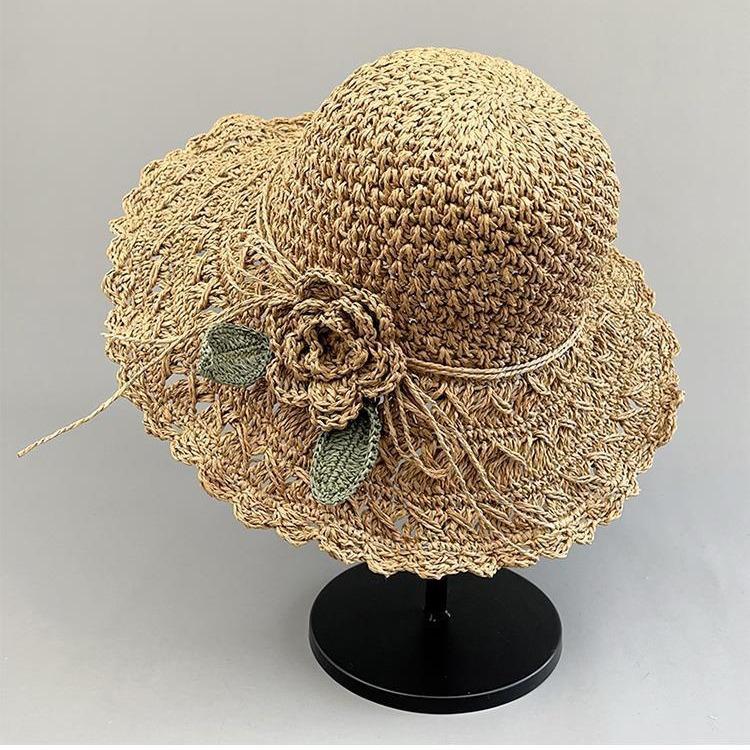Ladies Large Eave Hollowed Out Green Leaf Flower Straw Hat,Summer Seaside Vacation Hollowed Out Sun Protection And Sunshade Hat хаки