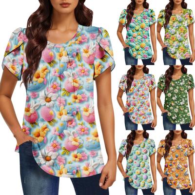 Women's Fashionable Round Neck Short Sleeve Printed Casual Basic Pleated Pullover T-shirt Top