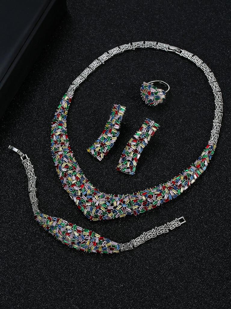 Women's Color Zircon Necklace Earrings Bracelet Ring Set Bridal Wedding Dress Jewelry Premium Jewelry