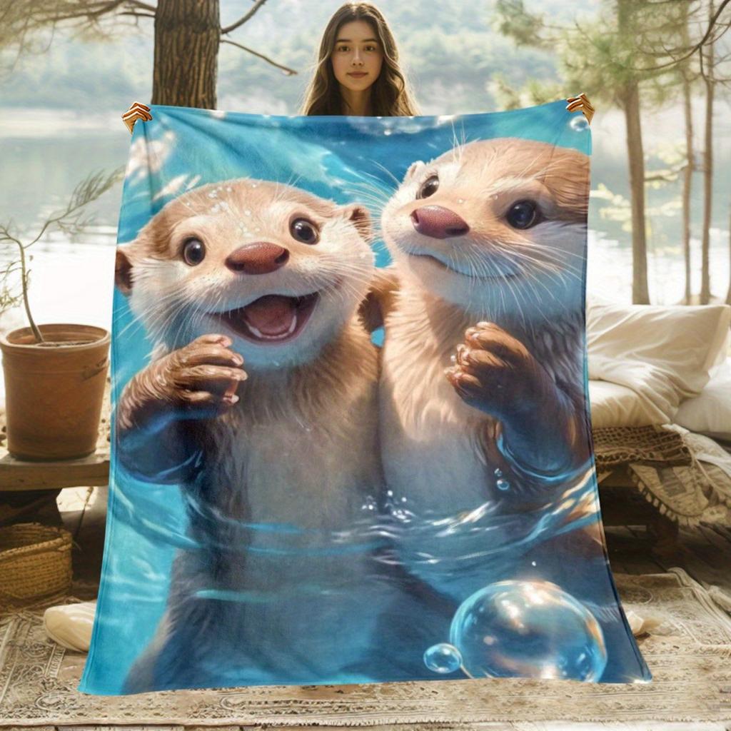 1pc Two Otters In Water Blanket - Lightweight Flannel Soft Warm All-Season Throw, Charming Digital Print for Sofa Bed Travel Camping Living