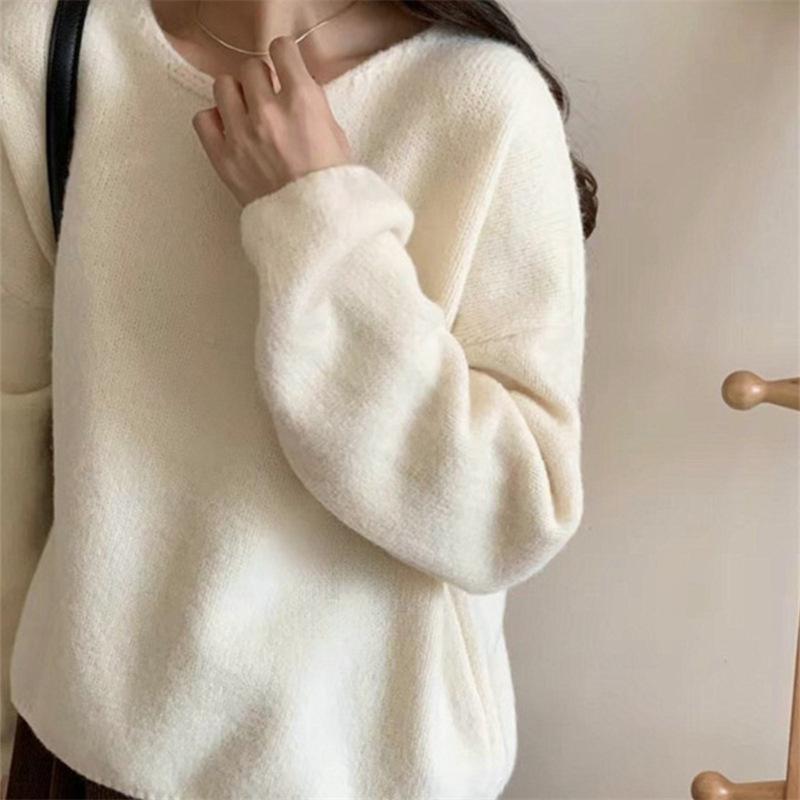 Lazy Wind Knitted Sweater Women's Autumn and Winter New Loose Pullover Gentle Temperament Solid Color Versatile Top